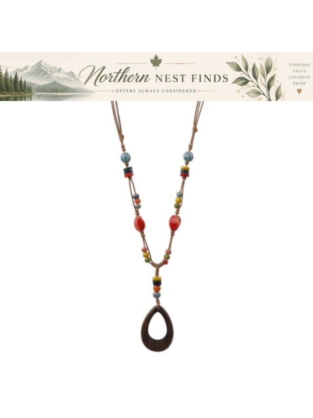 Handmade Ceramic Beads Adjustable Cord Necklace Bohemian Strand